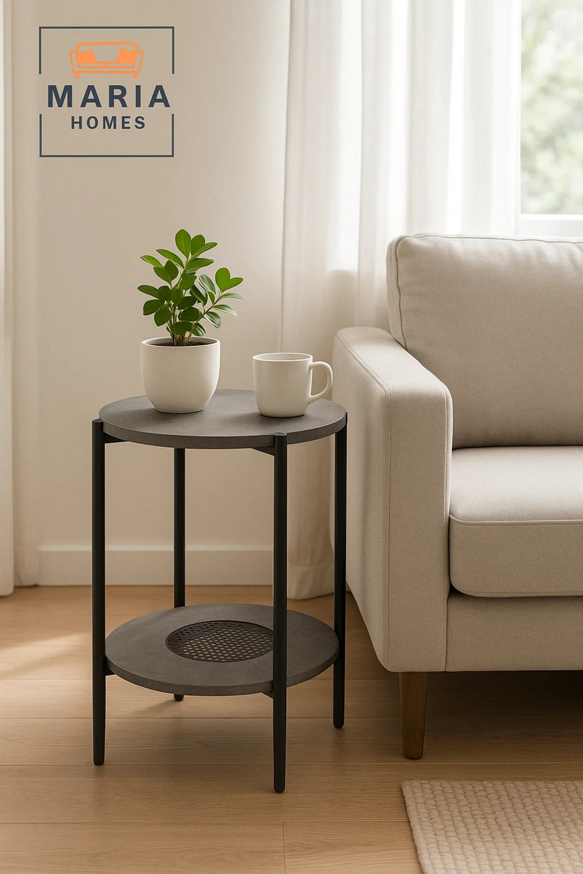 Modern Grey Side Table √ê Round Coffee Table with Lower Storage Shelf 40_40_55 cm