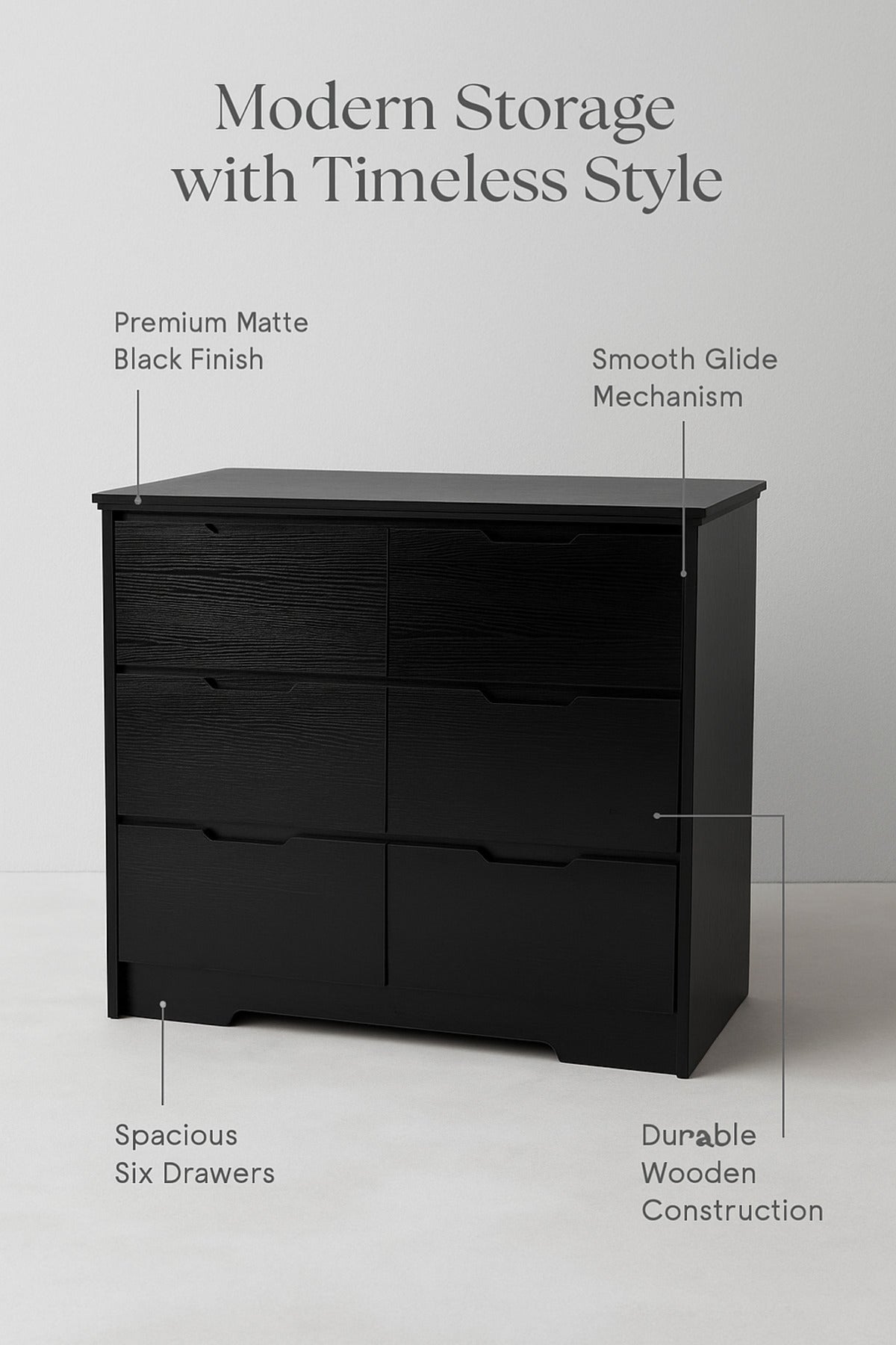 Black Wooden Dresser 80_48_80 cm Ð Modern 6-Drawer Storage Cabinet for Bedroom & Living Room