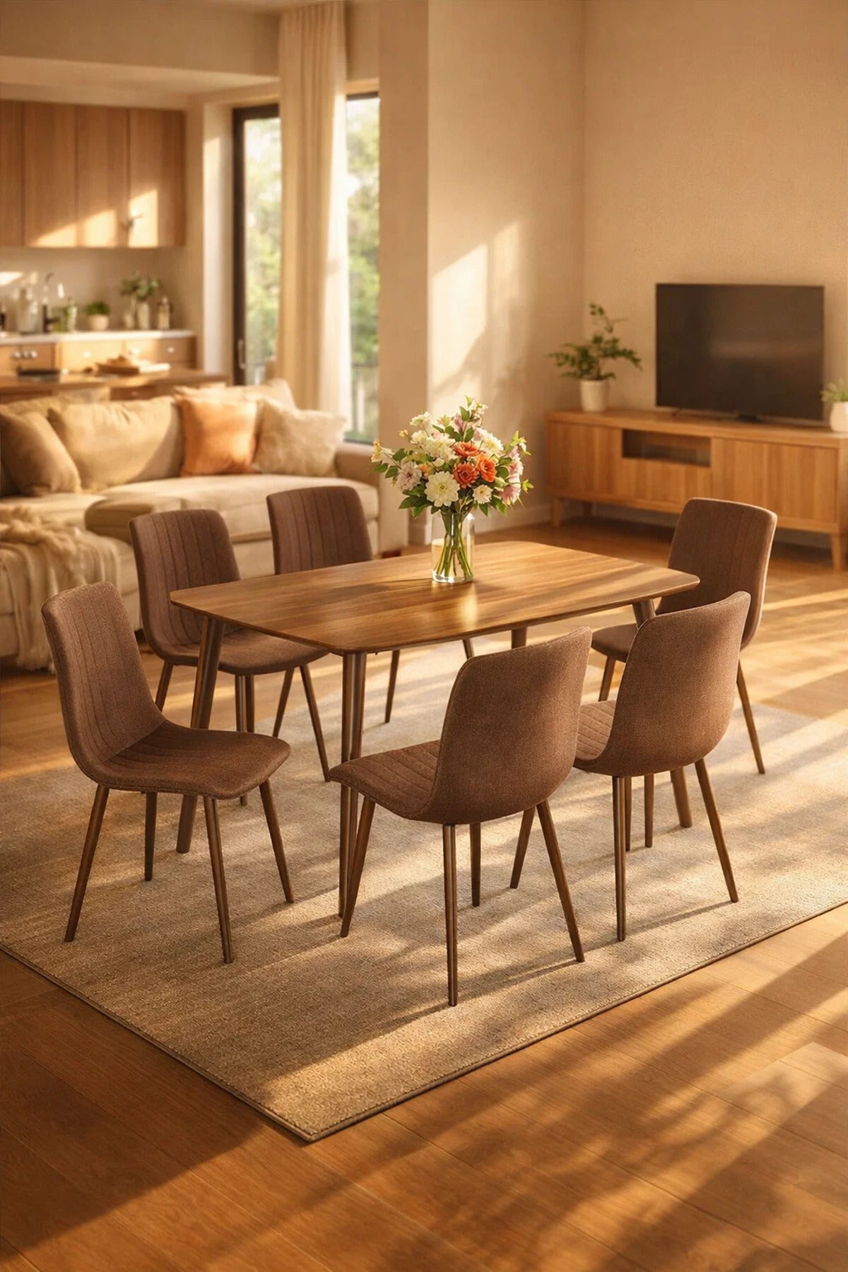 Stylish 6-Person Dining Set with Rectangular Wood Table and Brown Fabric Chairs for Modern Living