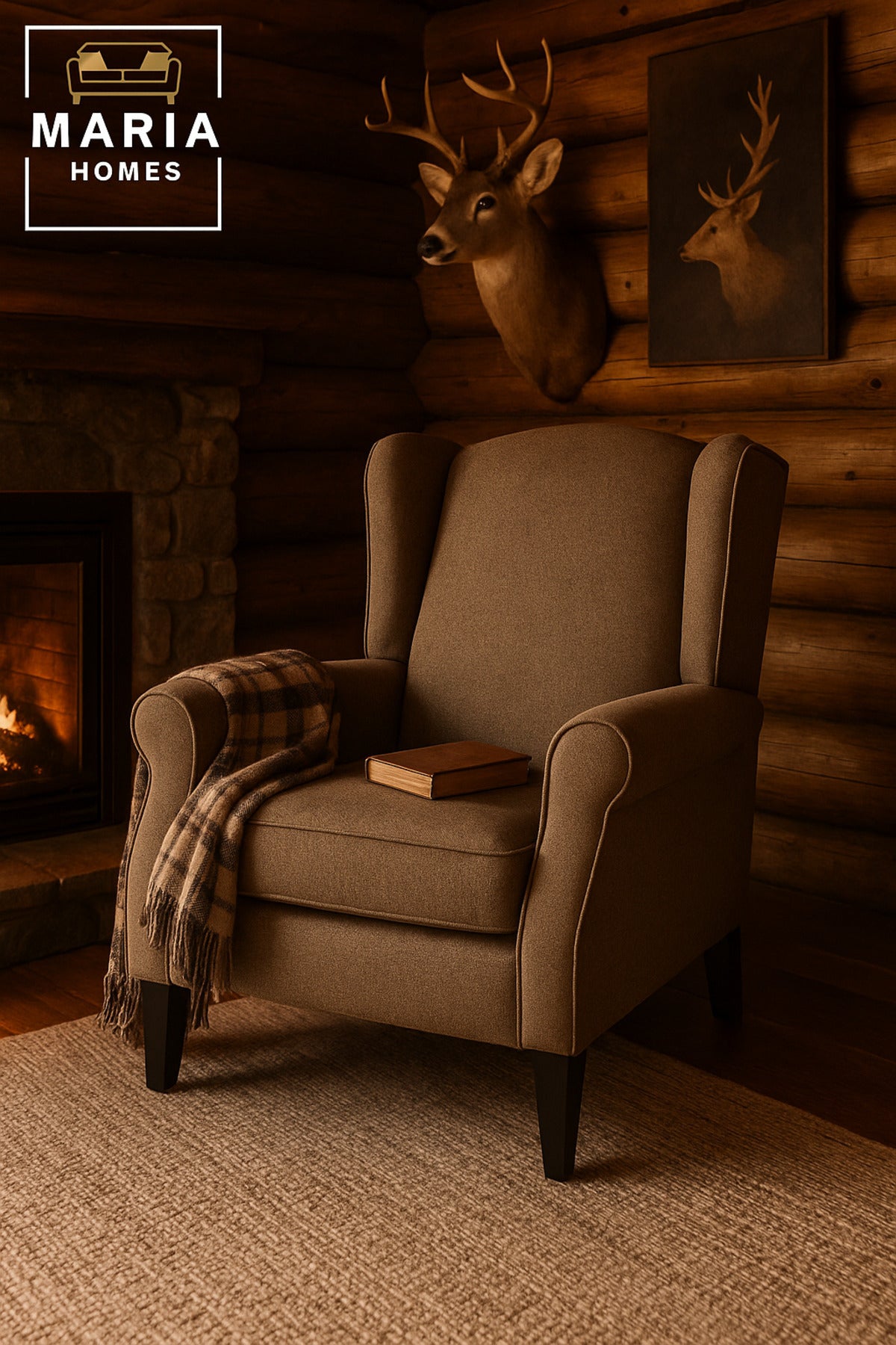 Light Brown Wingback Armchair Ð Classic Accent Chair with Cushioned Seat