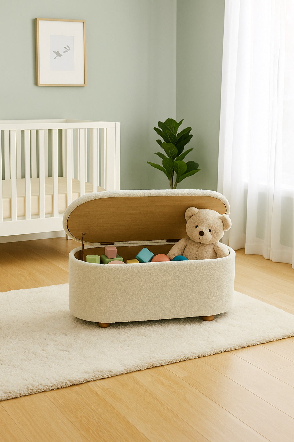 White Oval Storage Ottoman Bench with Wooden Base Ð Modern Bedroom Seat 88_35_40 cm