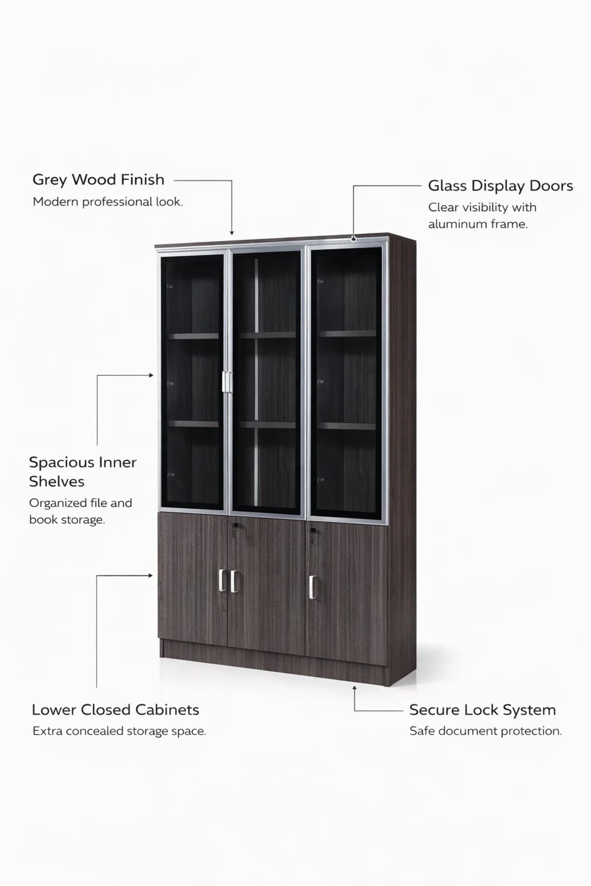 Elegant High Capacity Grey Office File Cabinet with Glass Upper Doors and Secure Locking Storage