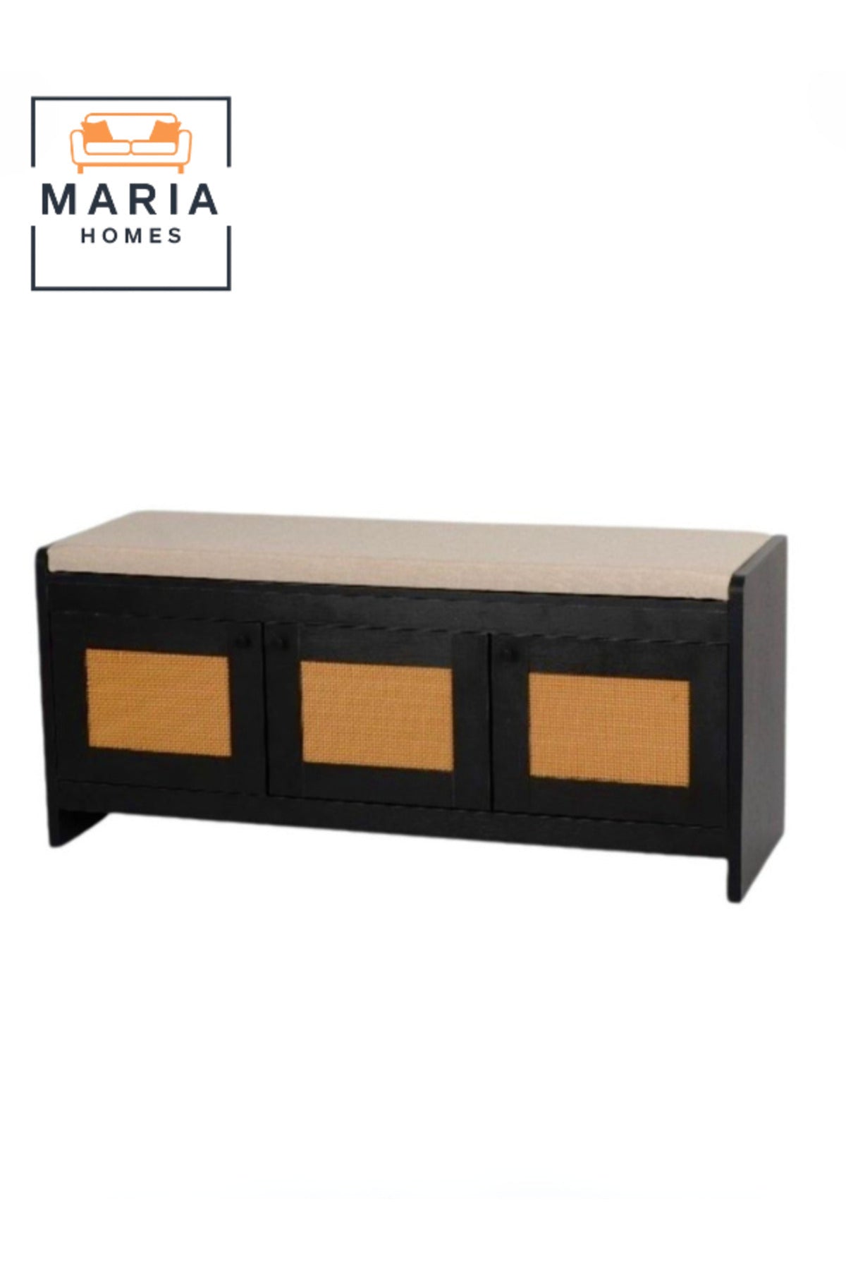 Black Wooden Storage Bench with Rattan Doors & Cushion Seat Ð Shoe Cabinet (120_40_52 cm)