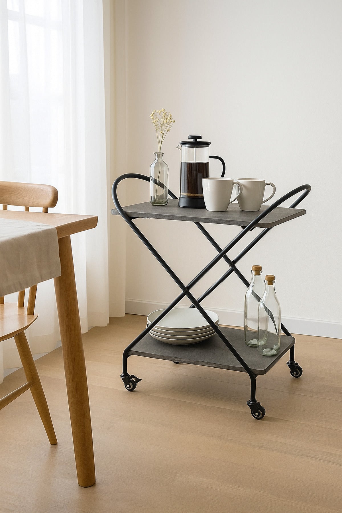 Modern Gray Metal Serving Trolley Ð 2-Tier Industrial Bar Cart with Wheels 72_40_78 cm