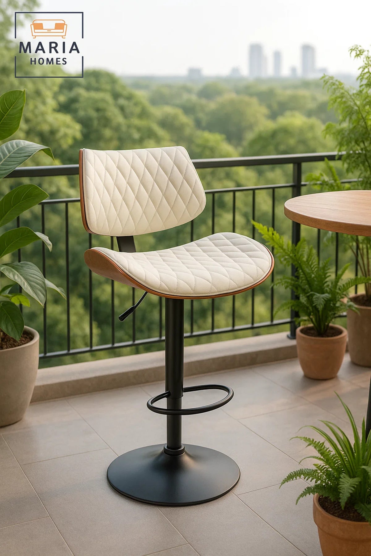 Off-White Adjustable Modern Bar Stool for Kitchen Island & Home Bar, Swivel, Cushioned, Stylish