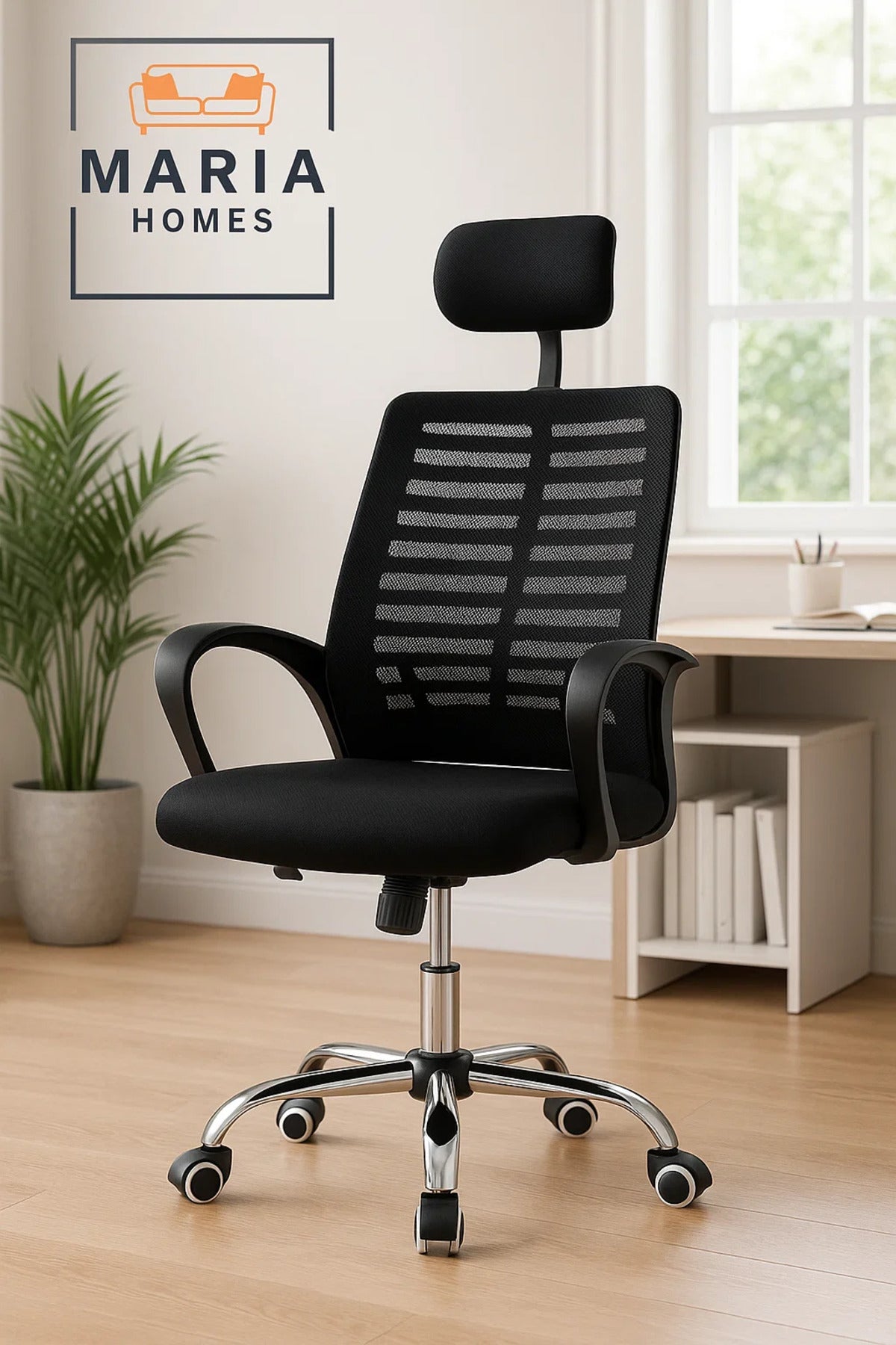 Black Mesh Office Chair with Headrest and Curved Armrests Ð Ergonomic Design for Daily Comfort