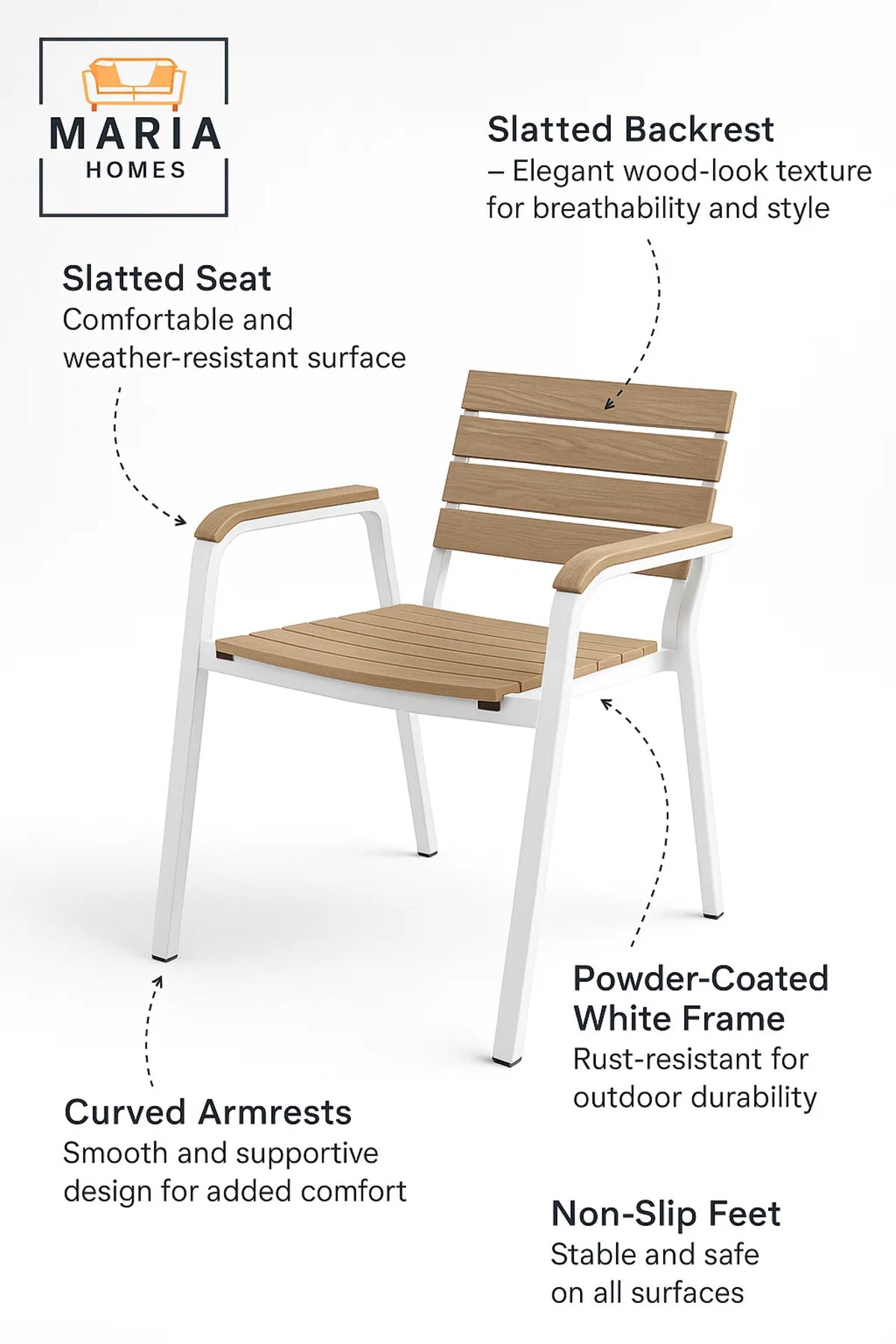 White & Beige Outdoor Dining Armchair Metal Frame Wooden Look Garden Patio Balcony Durable Chair