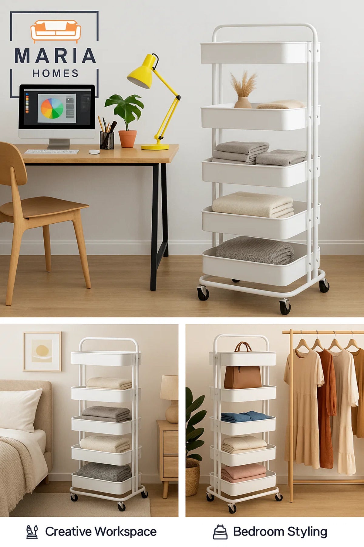 5-Tier Rolling Storage Cart Ð White Metal Wheels for Home, Office, Kitchen Use