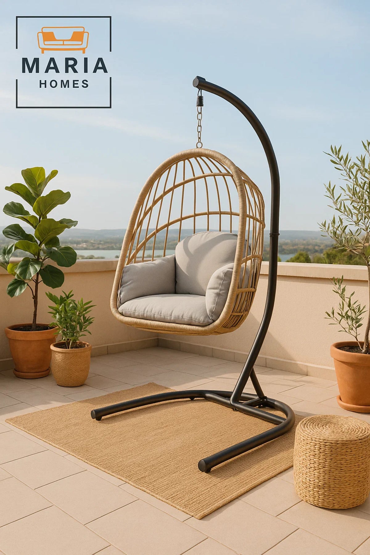 Rattan Hanging Egg Chair with Stand for Indoor Outdoor Balcony Garden Patio Swing Chair