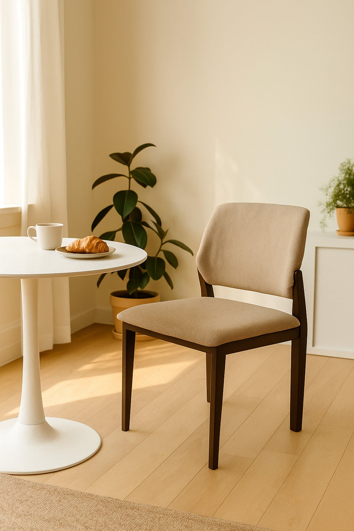 Beige Upholstered Dining Chair Ð Modern Wooden Frame, Comfortable & Stylish Seating