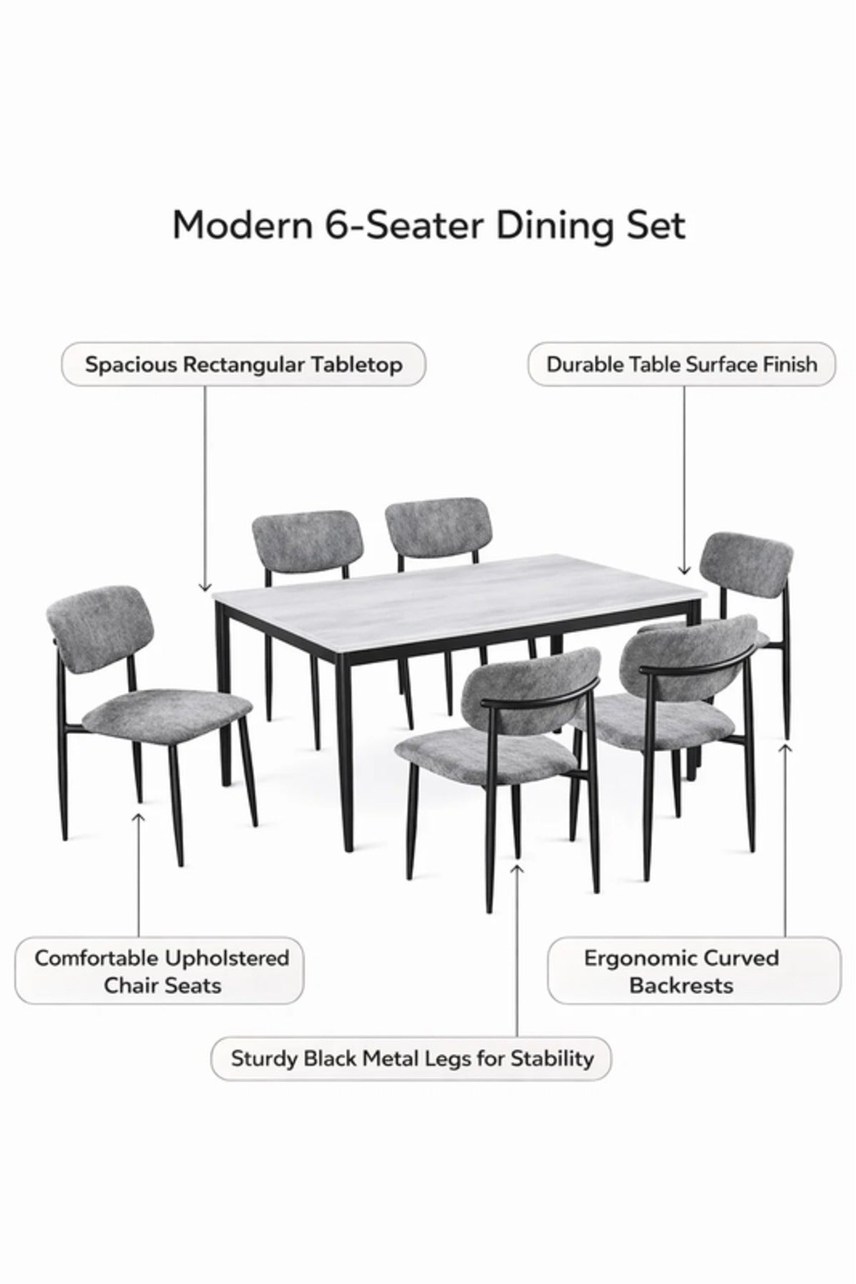 Modern Marble Top Dining Table Set with 6 Upholstered Chairs 150x90x75cm modern marble