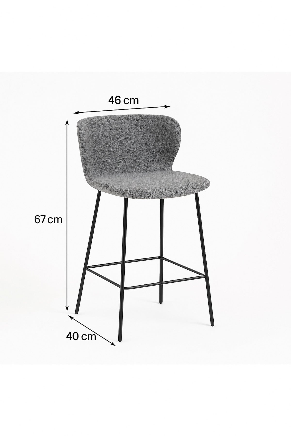 Modern Upholstered Bar Stool with Backrest and Black Metal Legs Ð Grey Fabric Finish