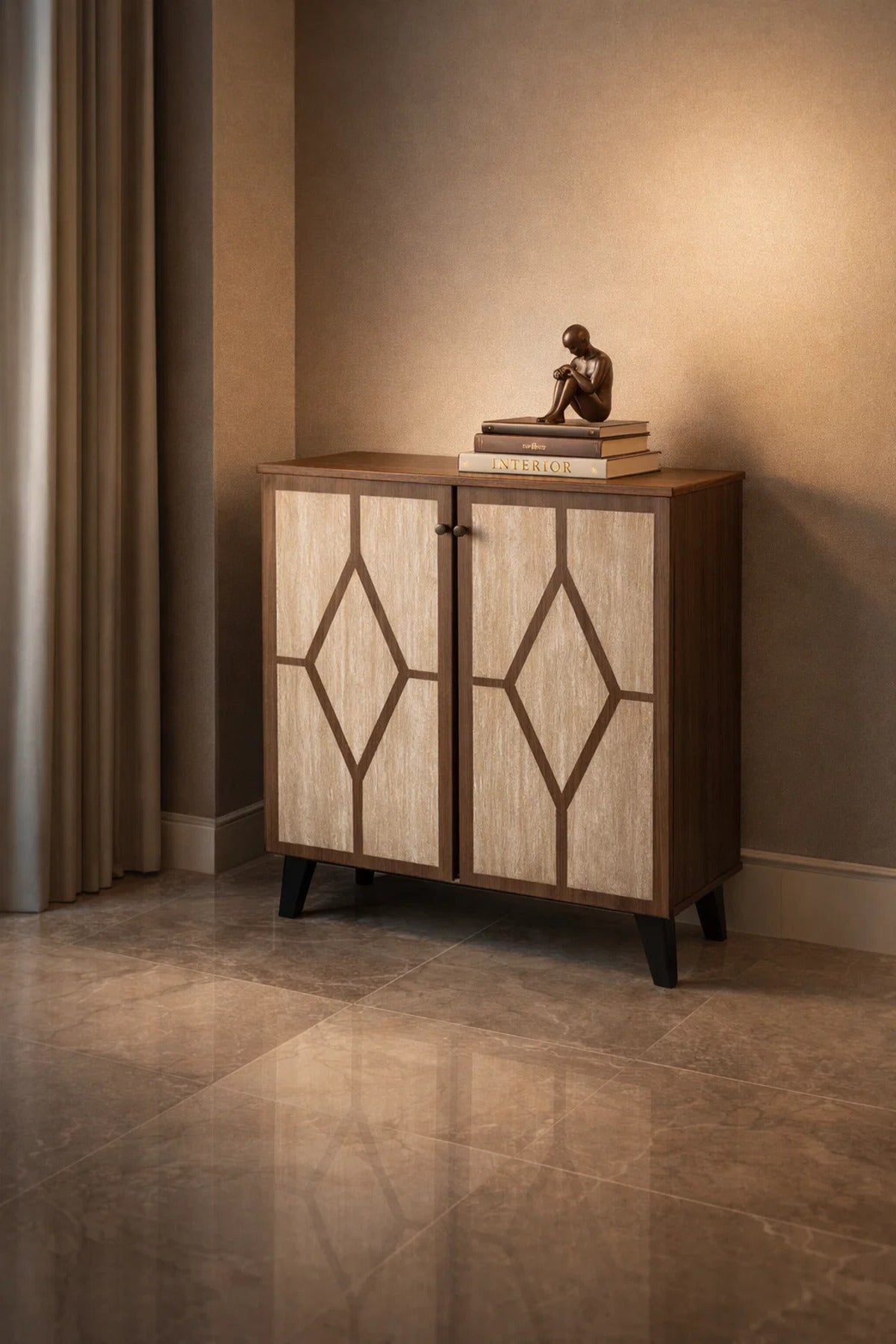 Brown and Beige Shoe Cabinet with Geometric Door Design 80 x 32 x 93 cm