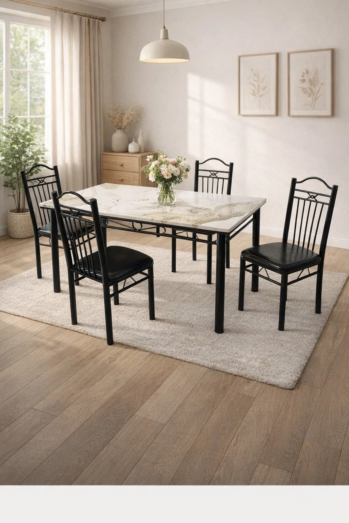 Modern 5-Piece Dining Table Set Marble Pattern Top Metal Legs 4 Chairs for Kitchen Room 120x70cm