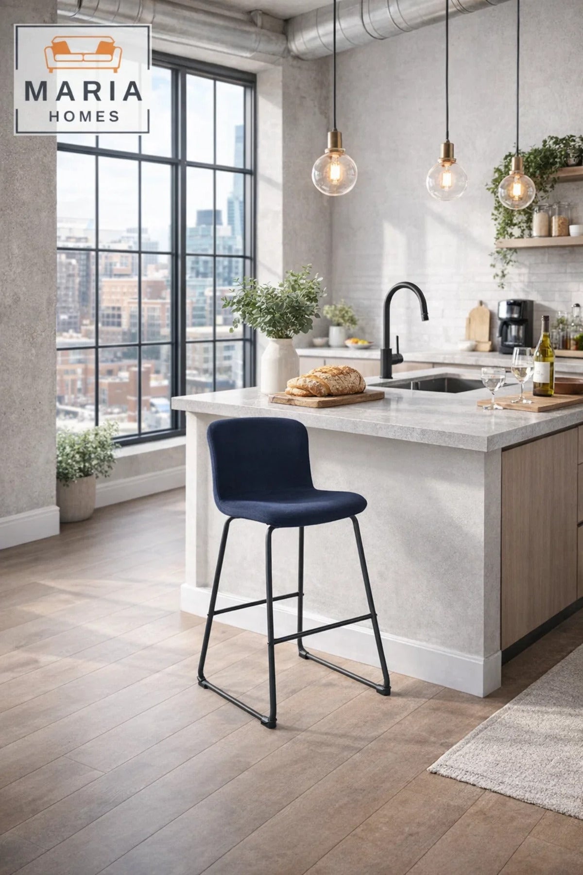 Blue Upholstered Bar Stool with Black Metal Frame Ð Modern Counter Chair
