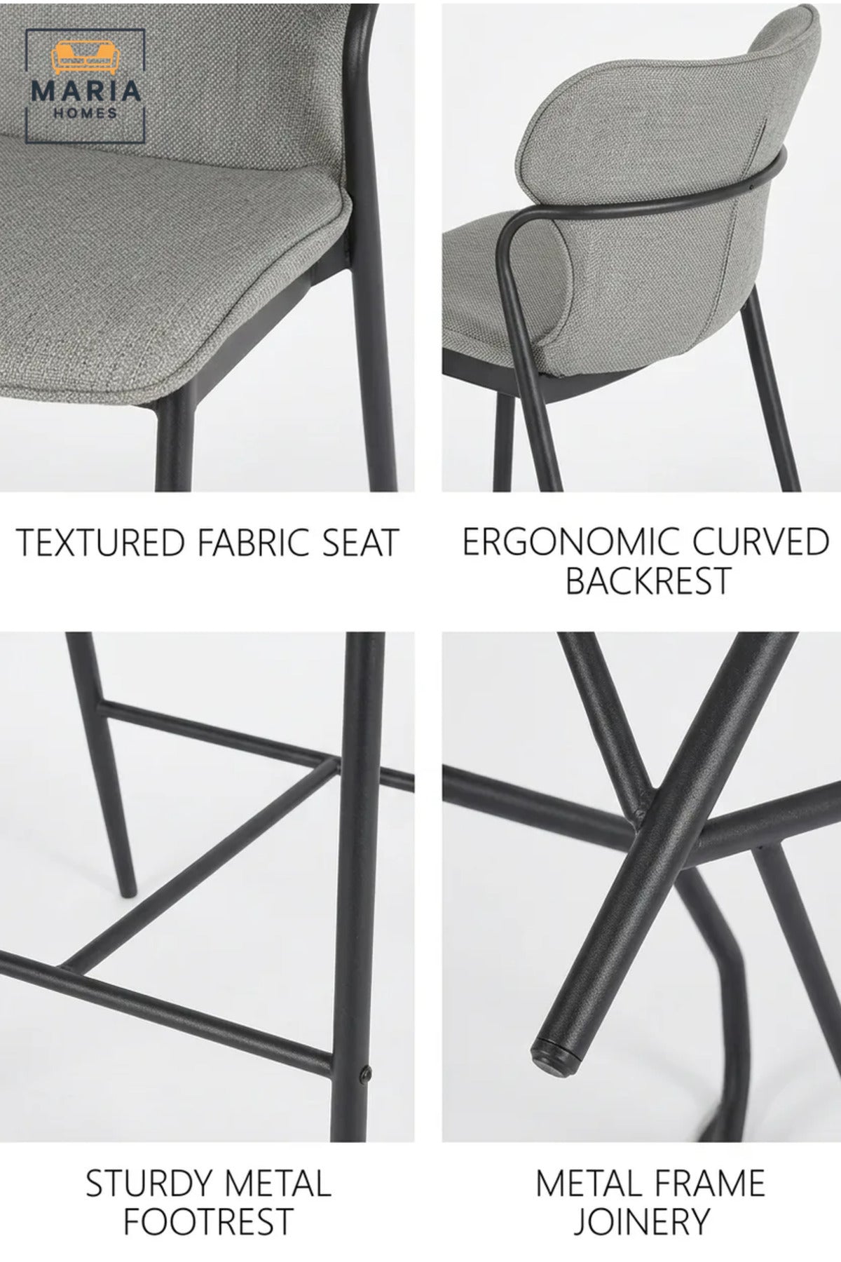 Modern Grey Upholstered Bar Chair – Contemporary Counter Height Stool with Metal Frame & Footrest