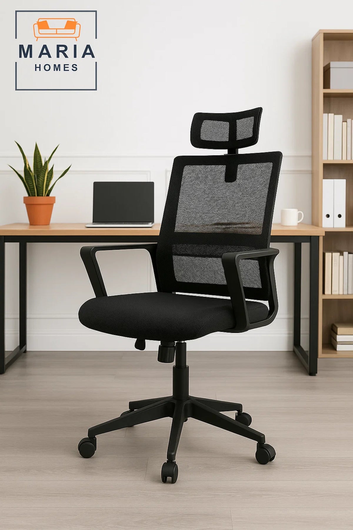 Affordable Black Mesh Office Chair with Headrest and Breathable Back for Home and Office Use