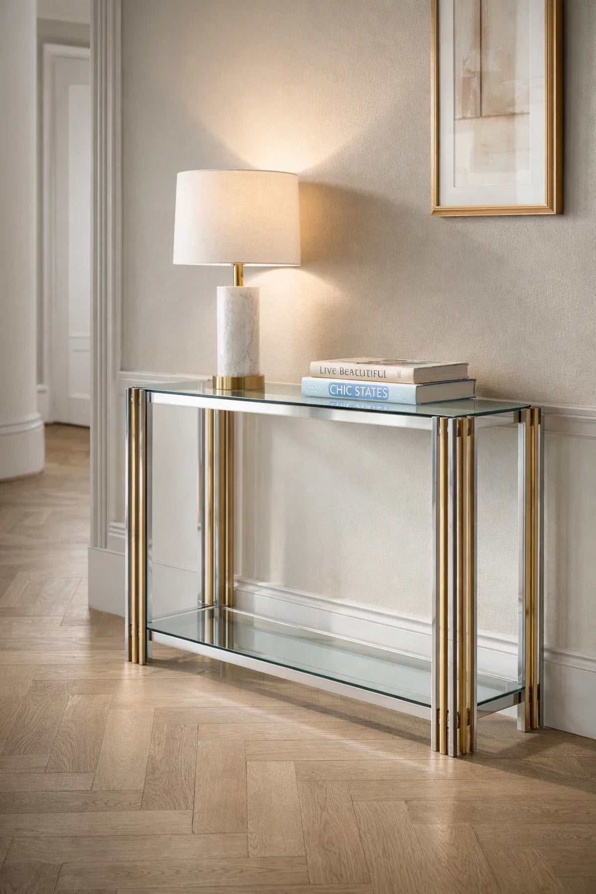 Luxury Gold and Silver Console Table with Glass Top for Entryway & Living Room