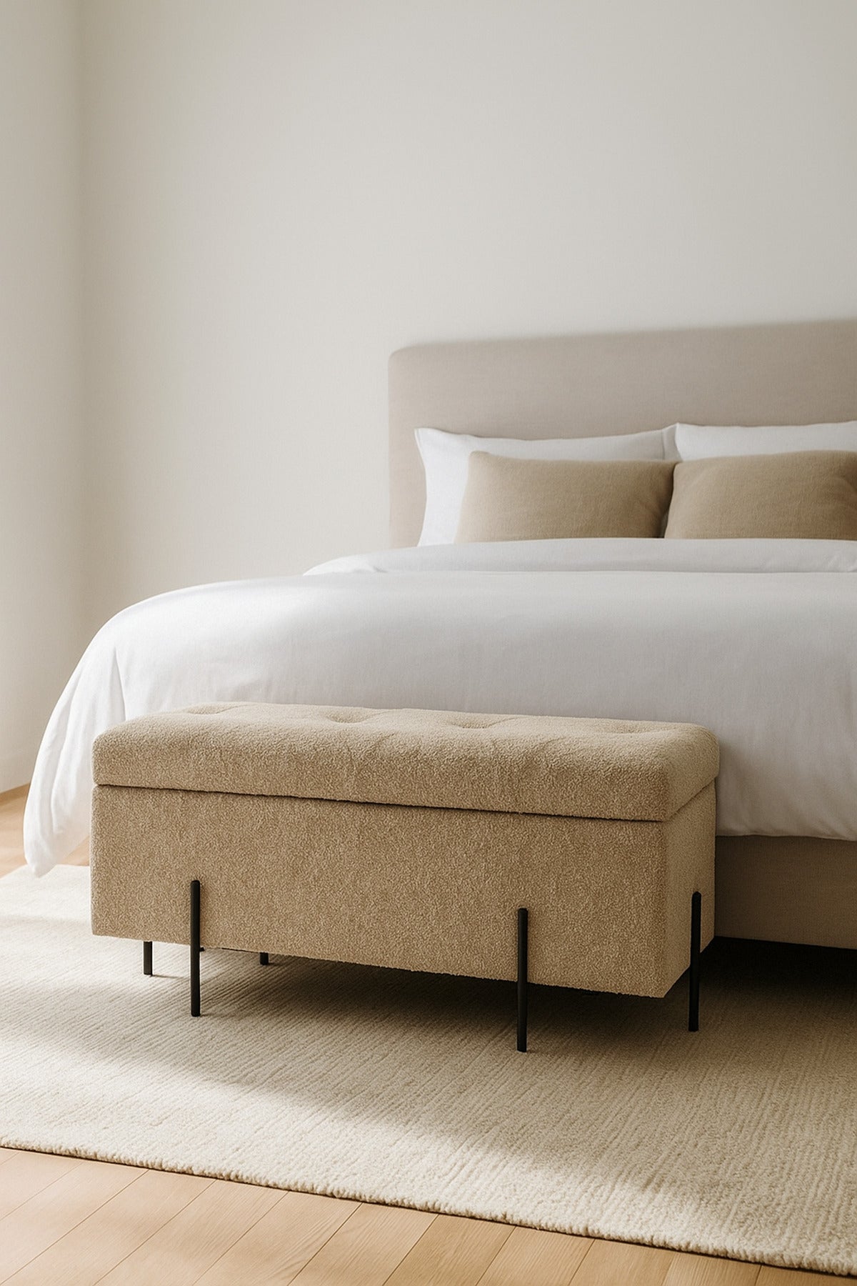 Brown Storage Bench with Tufted Fabric Seat & Black Metal Legs Ð 90_38_40 cm