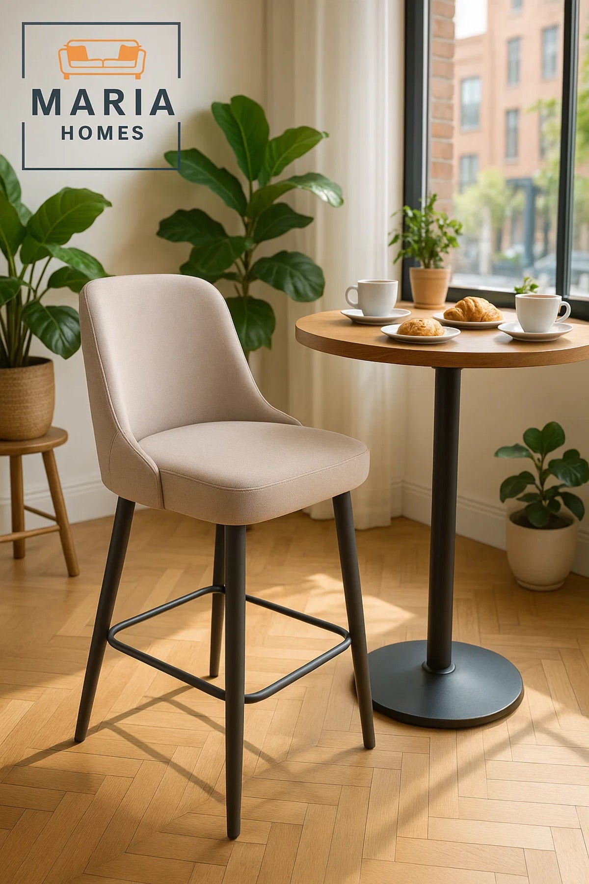 Modern Upholstered Bar Stool With Curved Backrest And Black Metal Legs Ð Soft Beige Fabric Finish