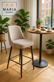 Modern Upholstered Bar Stool With Curved Backrest And Black Metal Legs Ð Soft Beige Fabric Finish