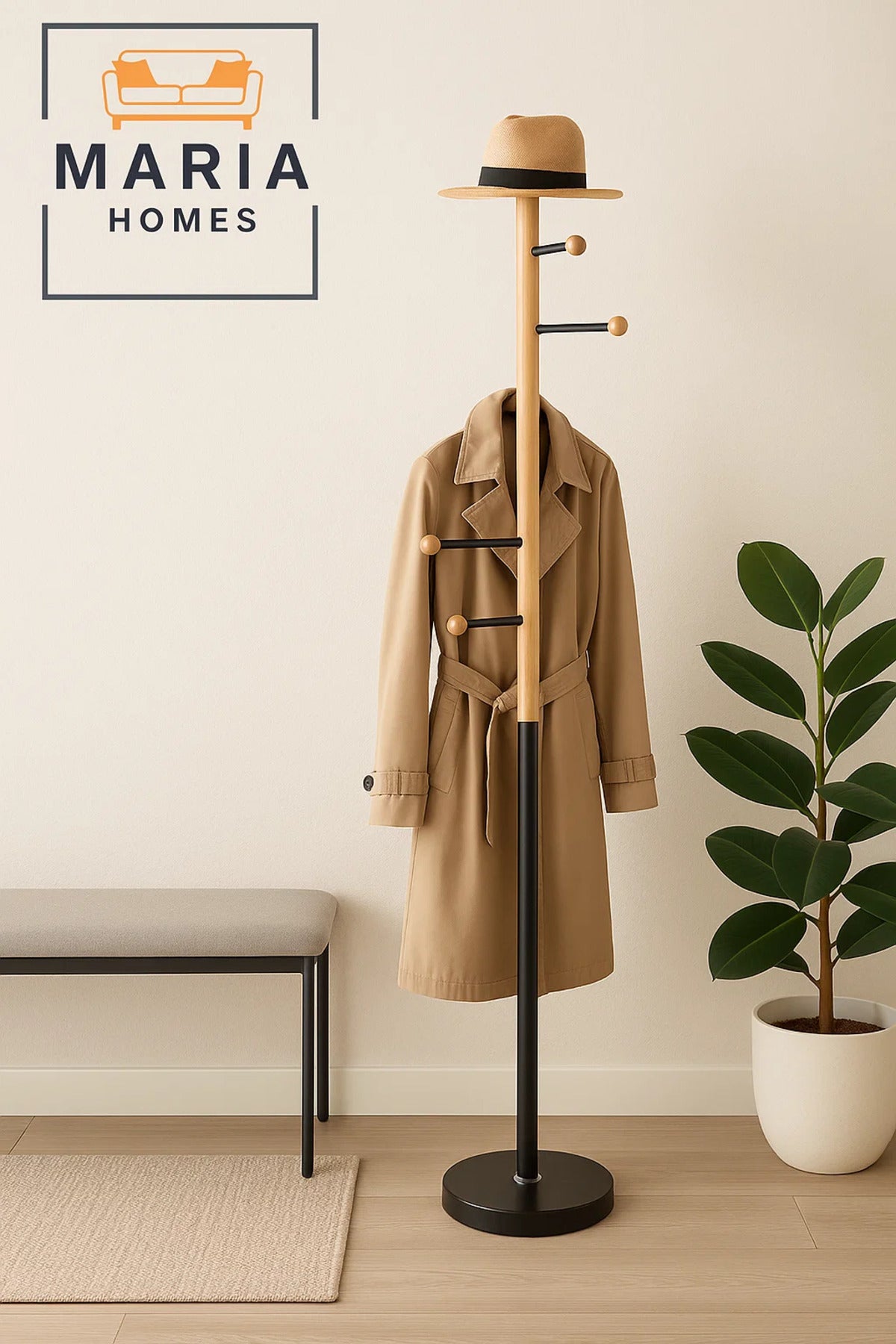 Contemporary Wooden Coat Rack with Black Metal Base and Side Hooks