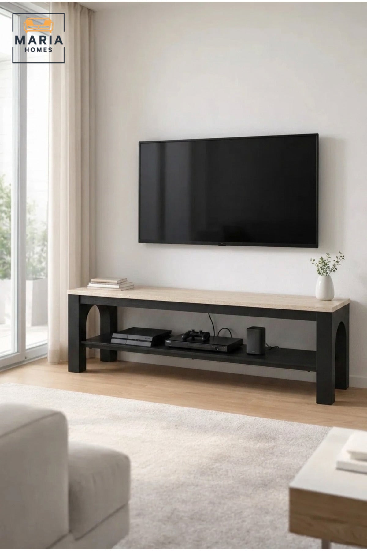 Modern TV Stand with Wooden Top and Open Storage Shelf, Long Entertainment Unit for Living Room, Bedroom, Media Room, Apartment and Lounge