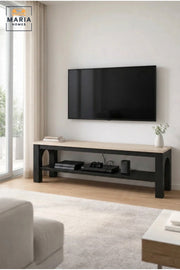 Modern TV Stand with Wooden Top and Open Storage Shelf, Long Entertainment Unit for Living Room, Bedroom, Media Room, Apartment and Lounge
