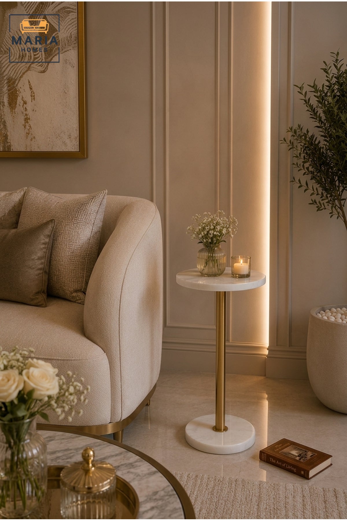 Luxury Marble Side Table Gold Metal Frame Round Accent Table for Living Room Bedroom