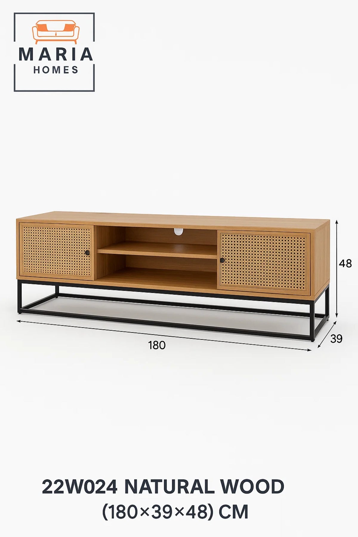 Natural Wood TV Stand with Woven Rattan Doors and Metal Base Ð 180x39x48 cm