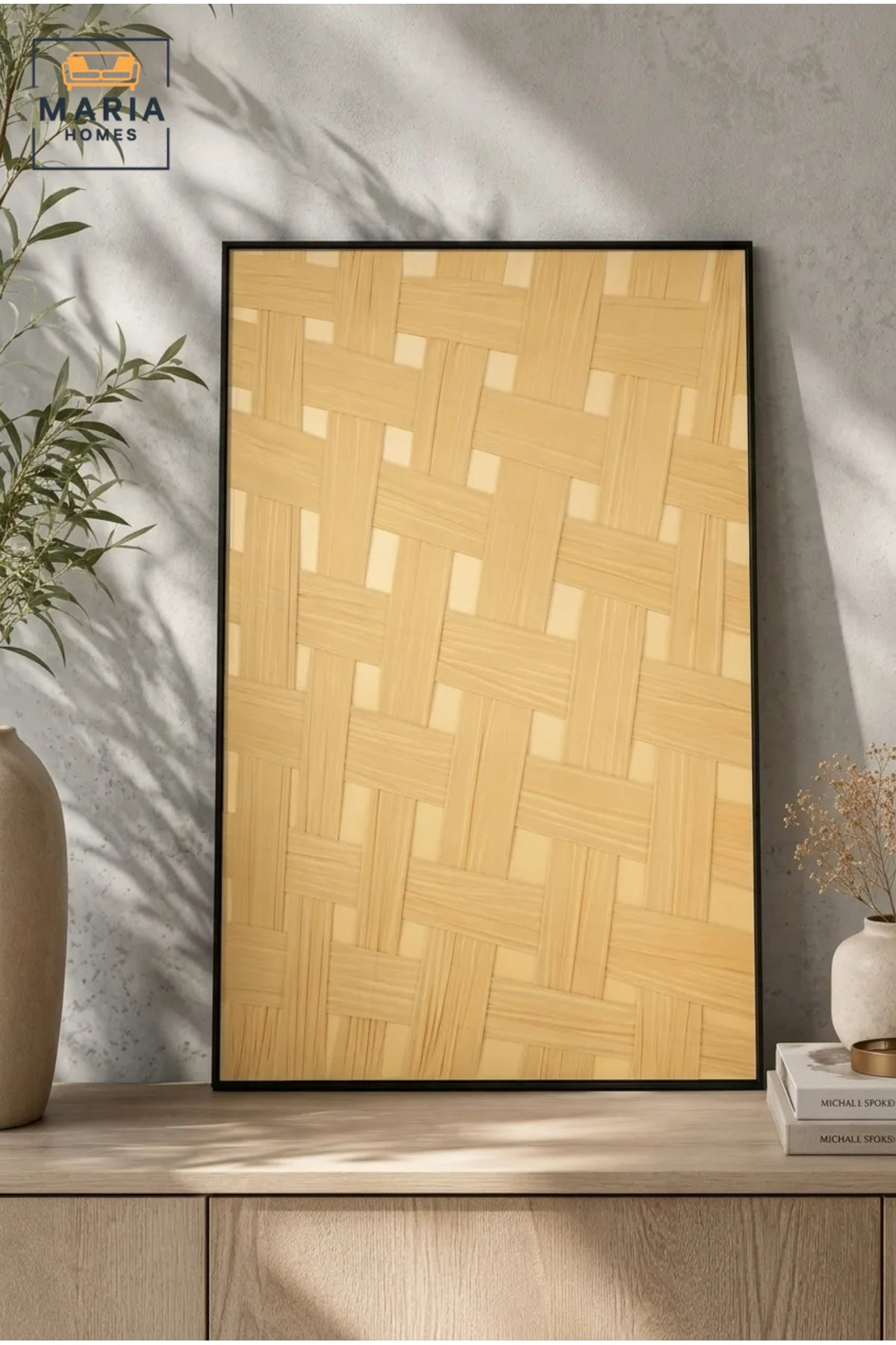 Modern Woven Pattern Framed Wall Art √ê Beige Textured Decorative Painting for Living Room, Bedroom & Office D≈Ωcor