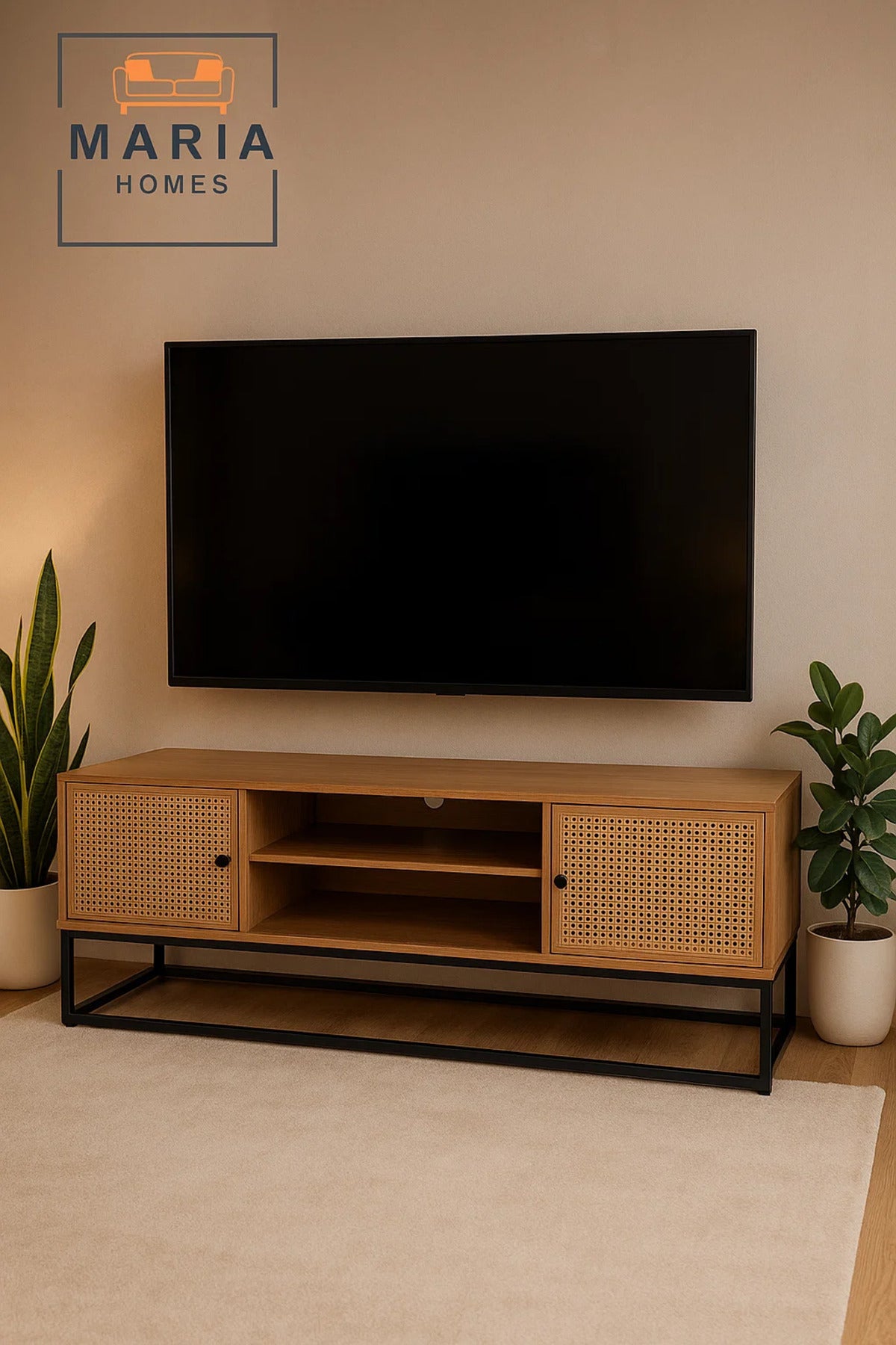 Natural Wood TV Stand with Woven Rattan Doors and Metal Base Ð 180x39x48 cm