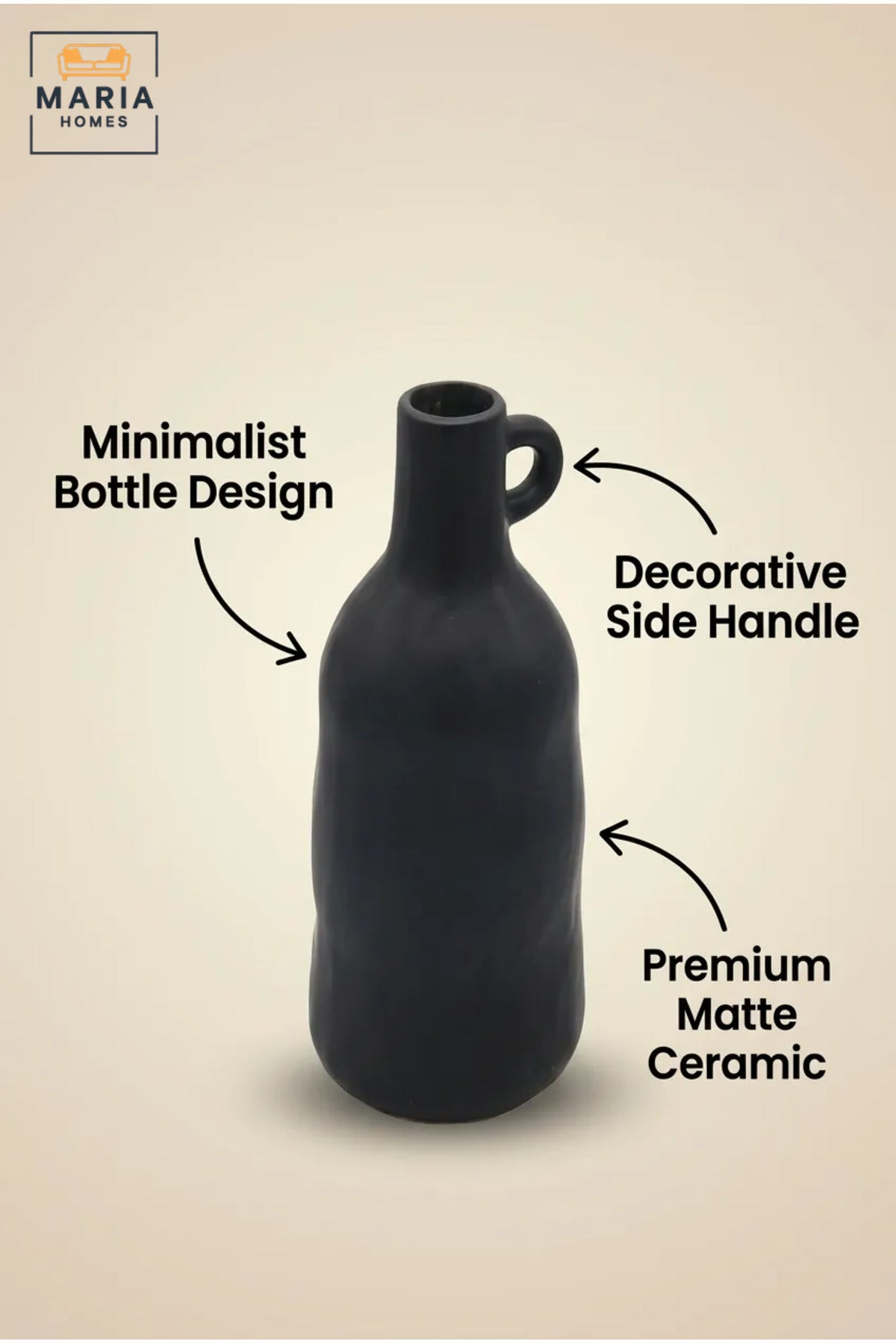 Modern Tall Decorative Flower Vase with Small Handle, Narrow Neck and Sculptural Bottle Shape for Living Room, Bedroom, Office and Console Décor