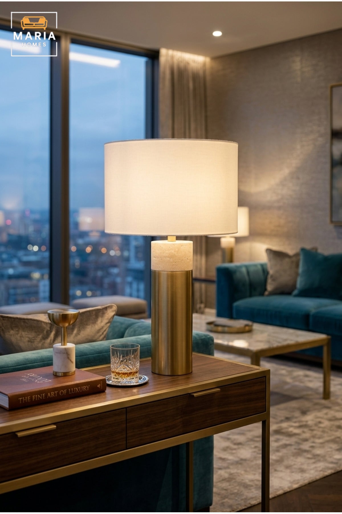 Modern Gold and Marble Table Lamp with White Drum Fabric Shade and Slim Cylindrical Base for Bedroom, Living Room, Office, Hotel and Bedside Décor