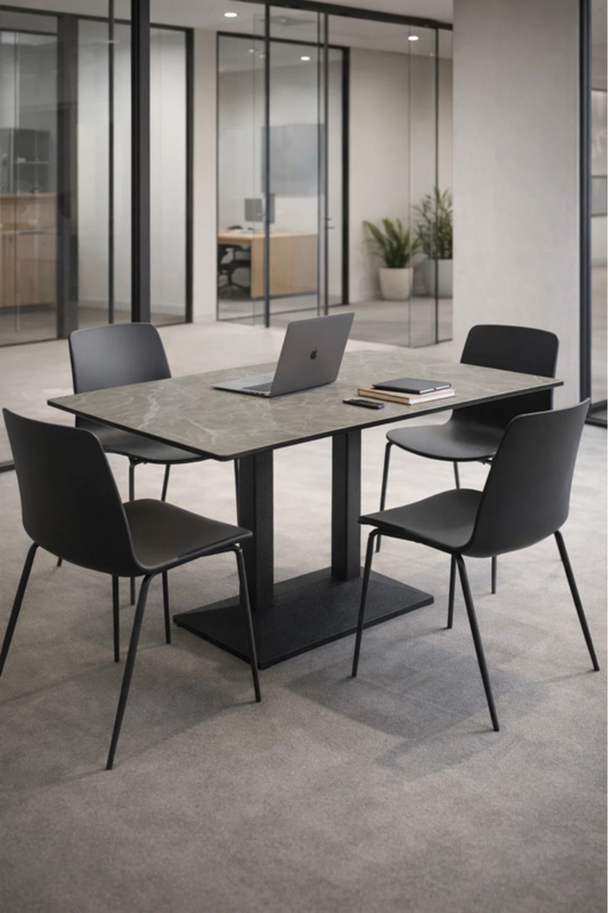 Modern Rectangular Dining Table with Grey Marble-Effect Top & Black Metal Base