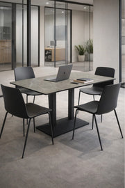 Modern Rectangular Dining Table with Grey Marble-Effect Top & Black Metal Base