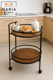 Round 2-Tier Wooden Serving Trolley with Black Metal Frame and Wheels