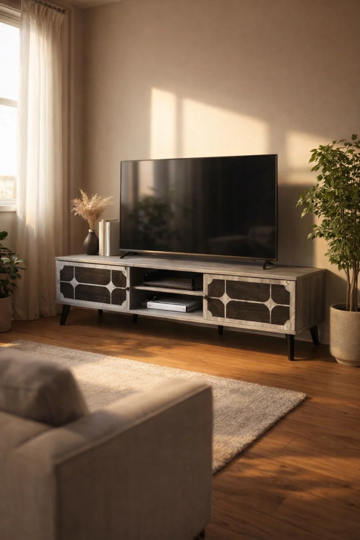 Grey Modern TV Unit 180cm Wide Media Stand with Shelving and Patterned Doors for Living Rooms