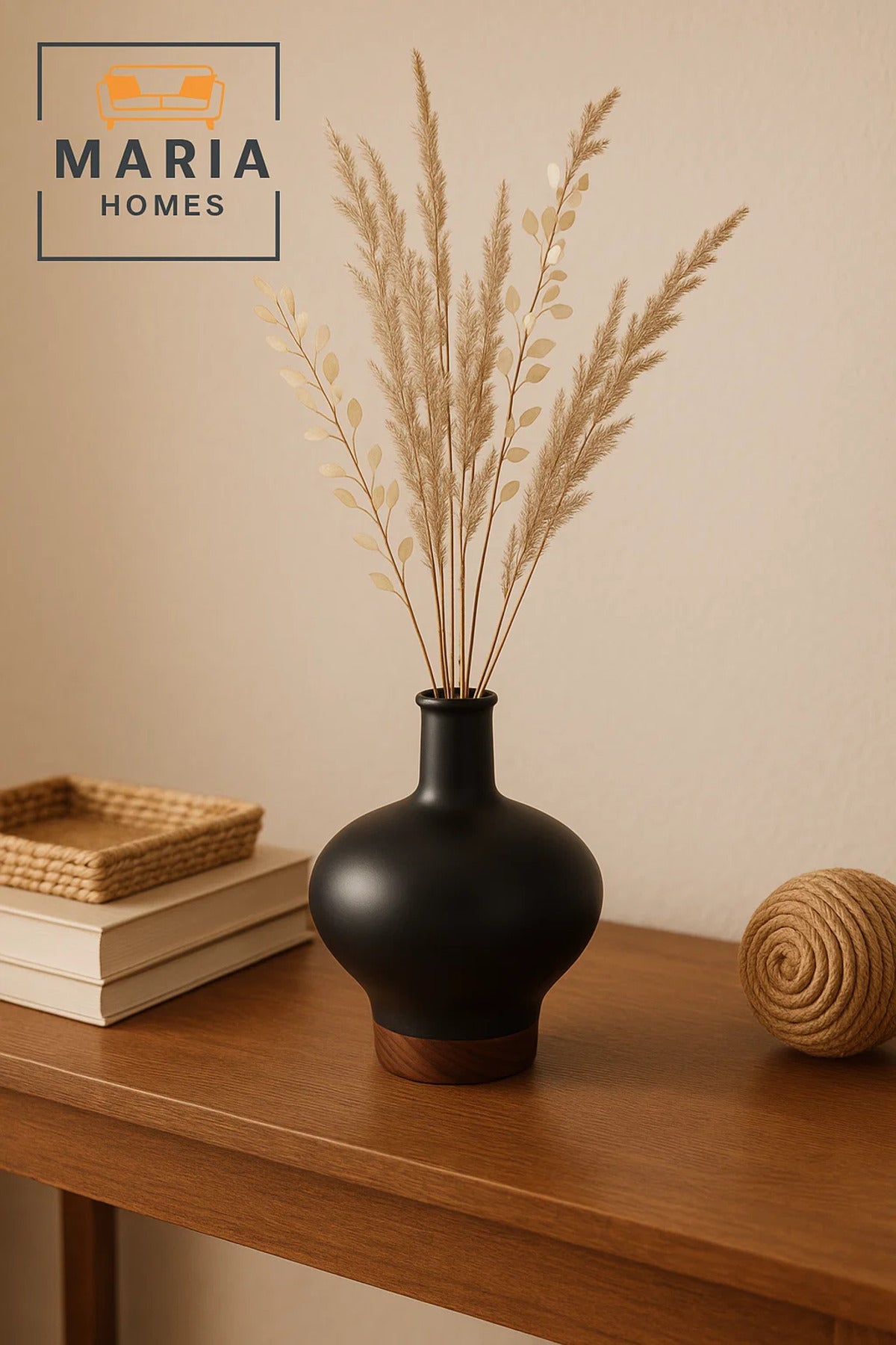 Contemporary Black Ceramic Vase with Wood-Tone Base Ð Rounded Neck Design