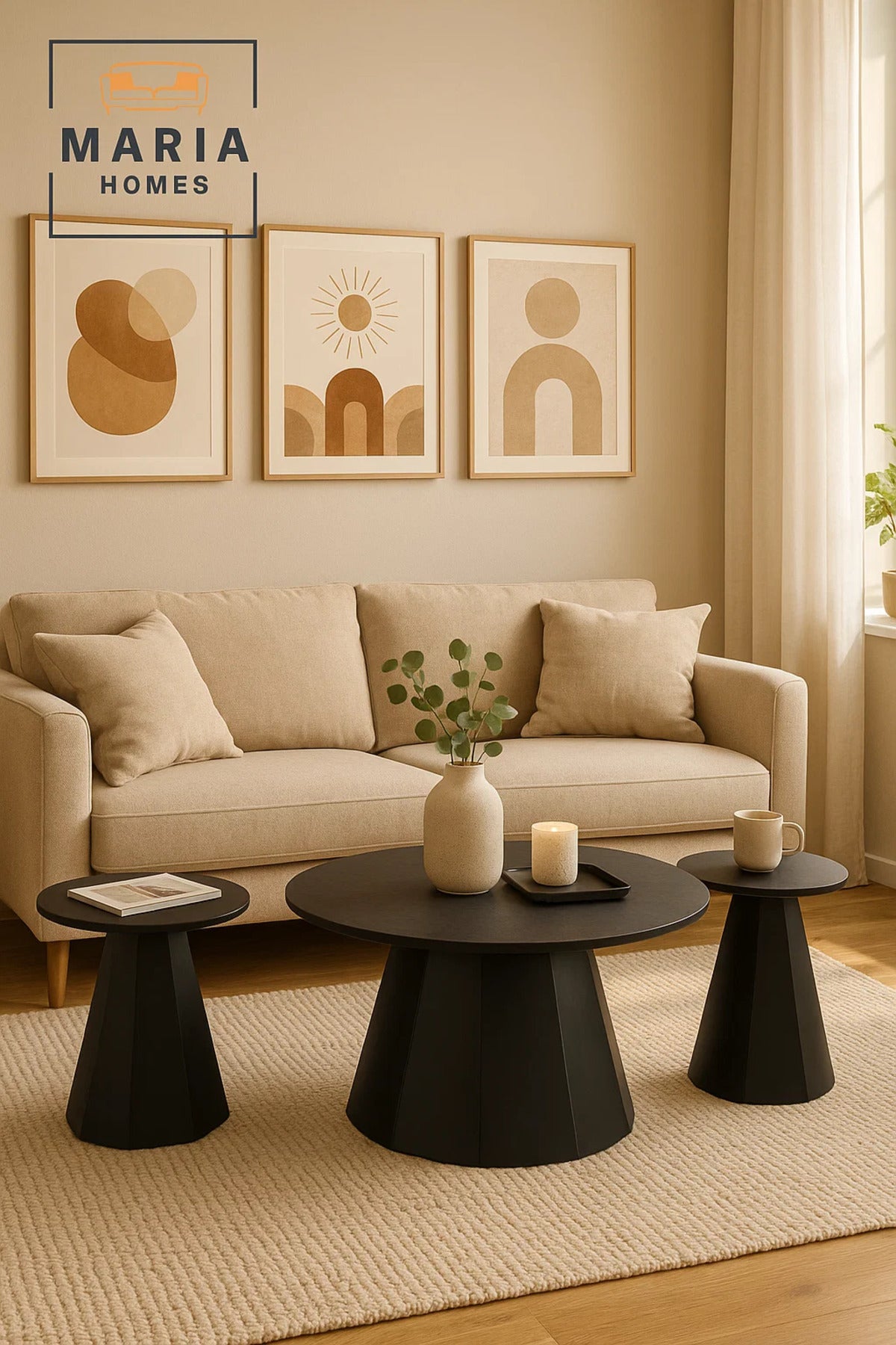3-Piece Modern Black Cone Base Coffee Table Set
