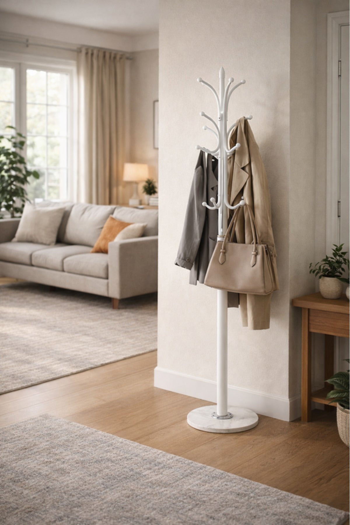 Premium White Floor Coat Hanger Stand - Sturdy Metal Hall Tree Organizer for Entryway Bedroom Office