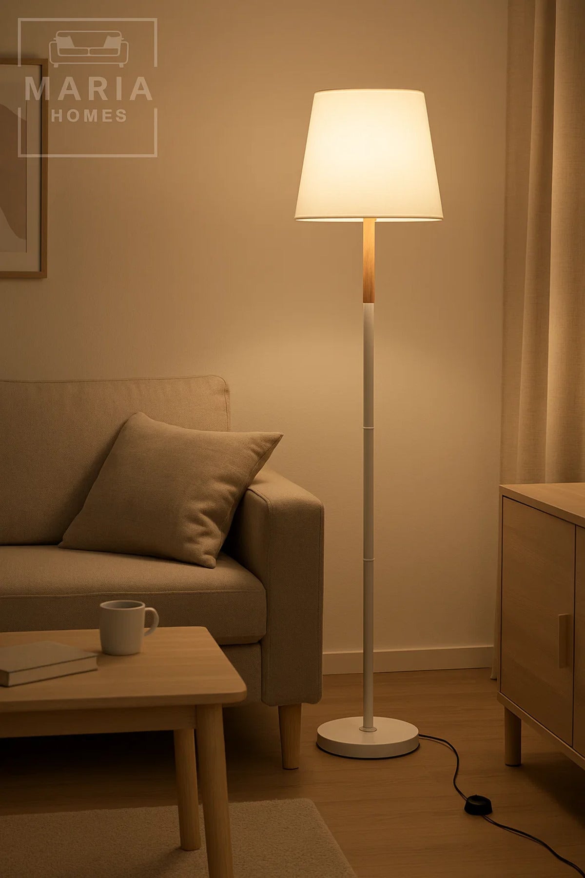 White Floor Lamp with Wooden Accent and Round Base
