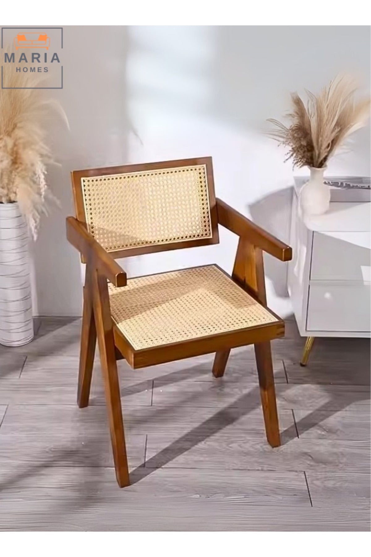 Mid-Century Modern Accent Chair - Solid Wood Frame Armchair with Rattan for Home,