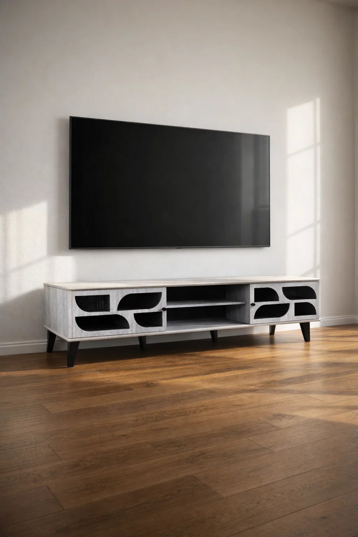 Modern Grey TV Table Media Console 180cm with Storage Shelves for Living Room Entertainment Center