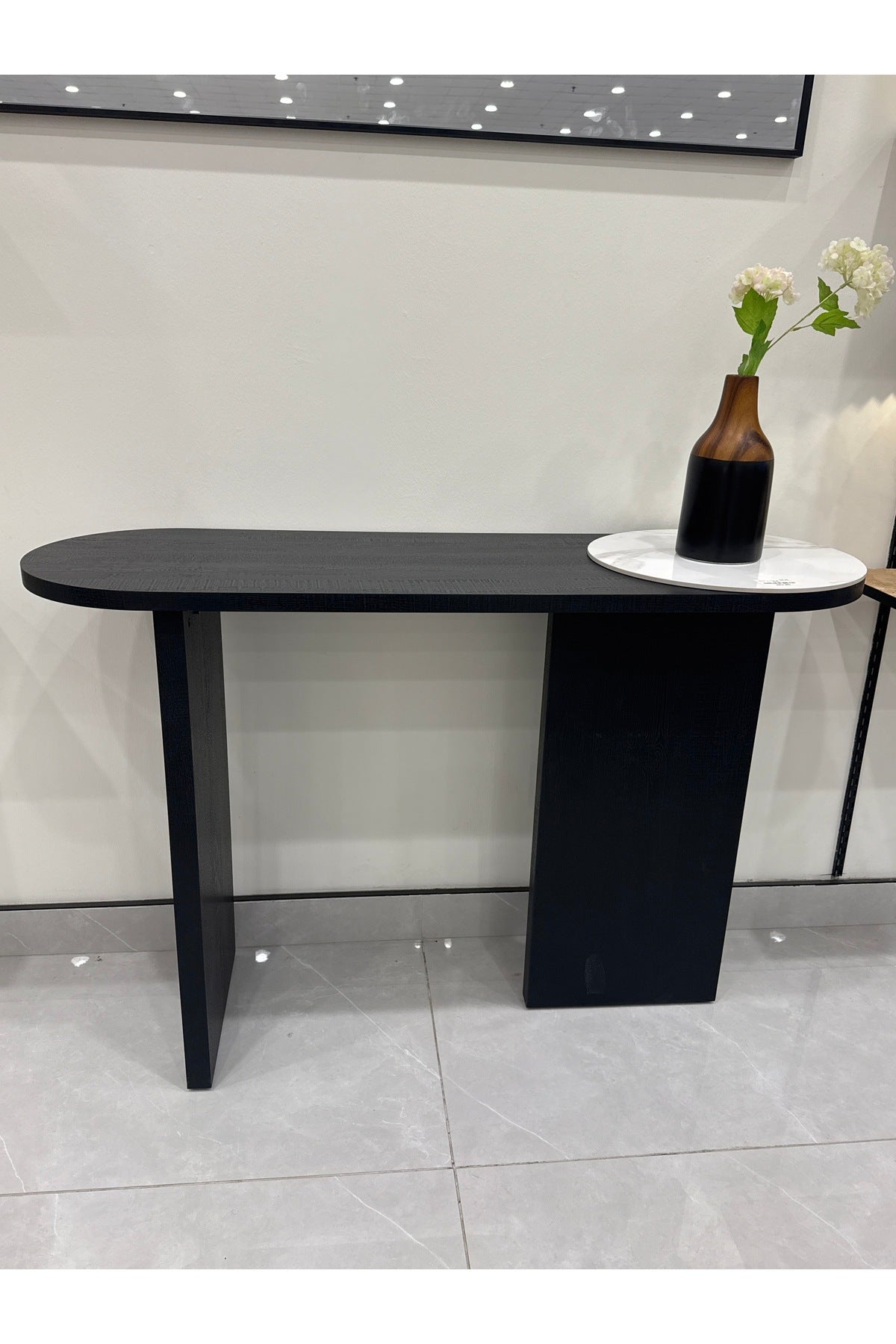 Black Half-Moon Console Table with White Marble Accent-size 160*40*80cm