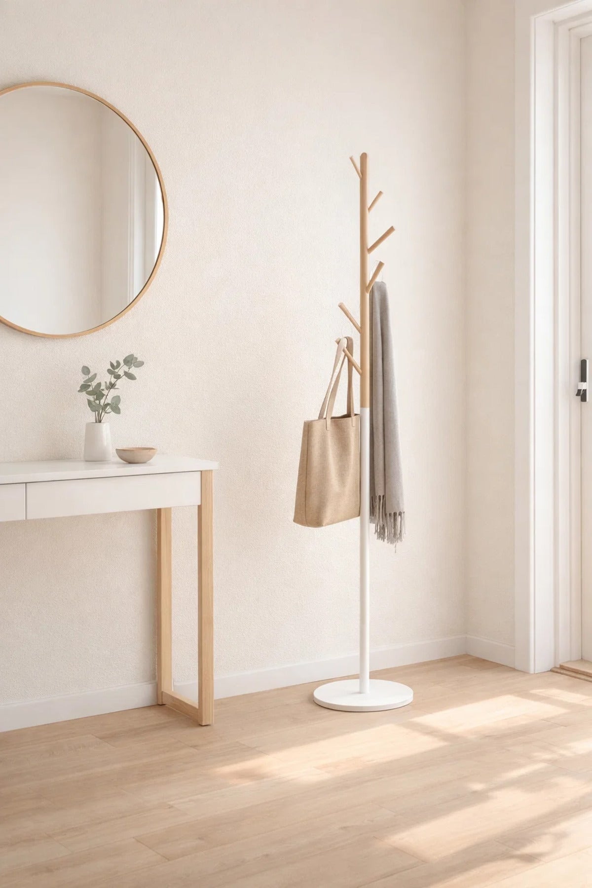 Modern Two Tone White and Wood Coat Hanger Stand for Hallway Living Room and Office Entrance Decor