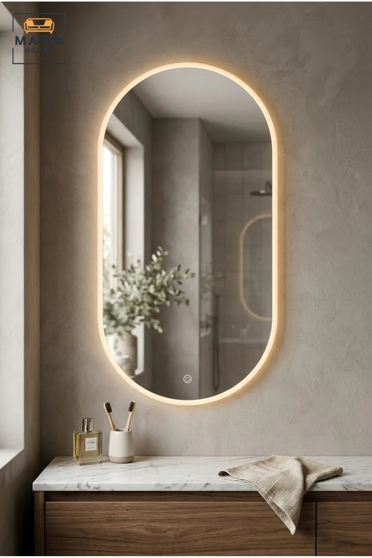 Modern Oval LED Wall Mirror with Touch Sensor, Backlit Frameless Decorative Mirror for Bathroom, Bedroom, Vanity, Dressing Room and Hallway