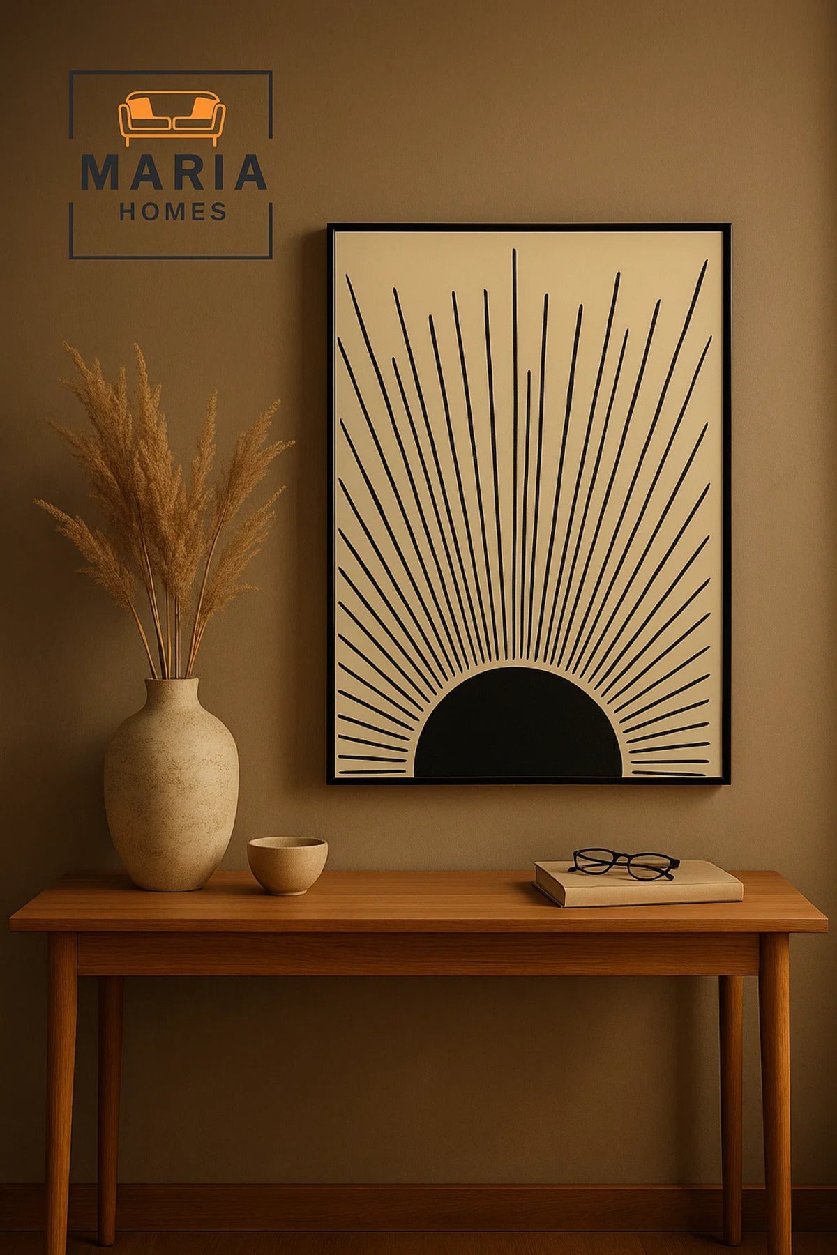 Framed Abstract Wall Art Ð Rising Sunburst Design in Black on Beige and Size 123*83 cm