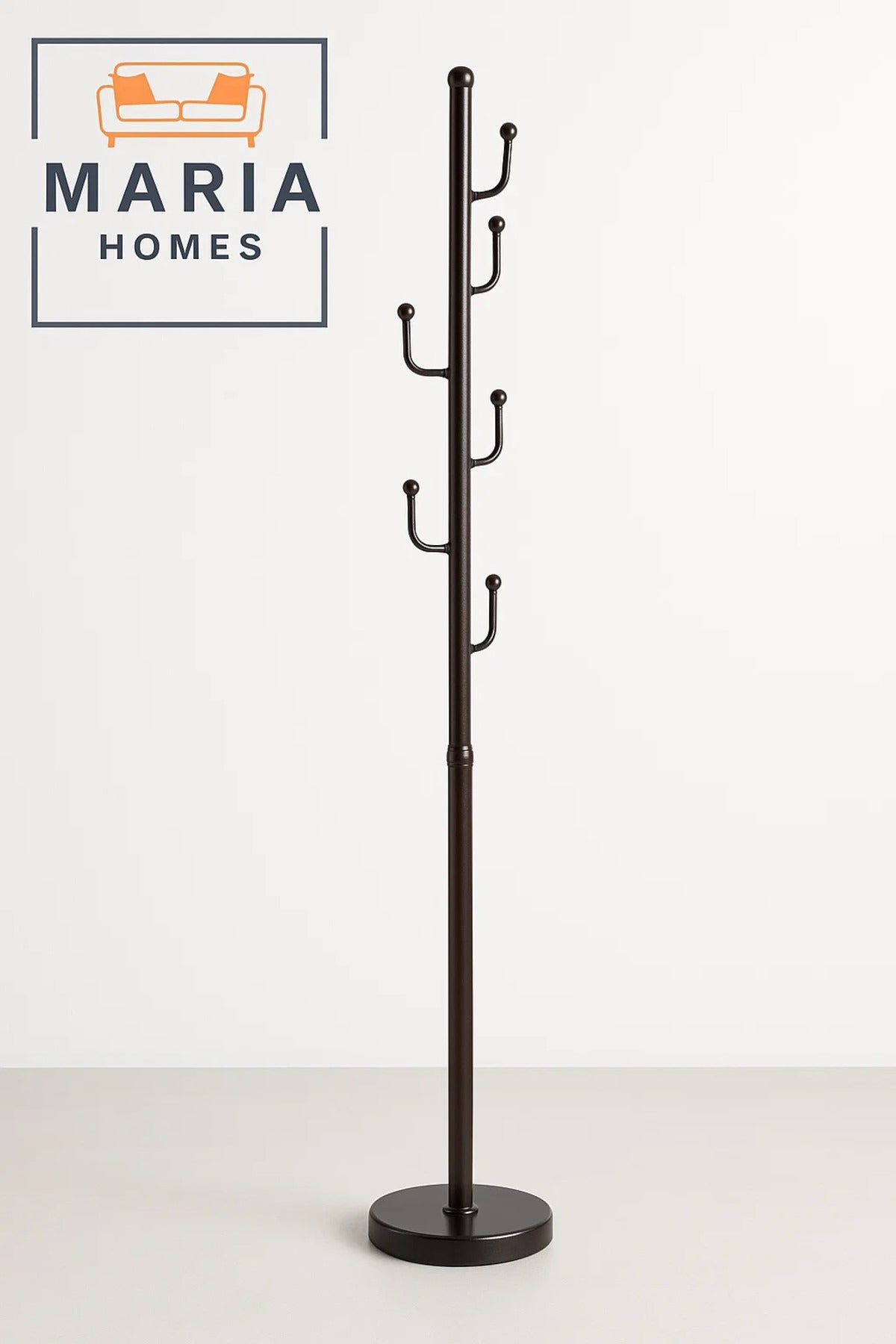Black Metal Coat Rack with Curved Hooks and Circular Base