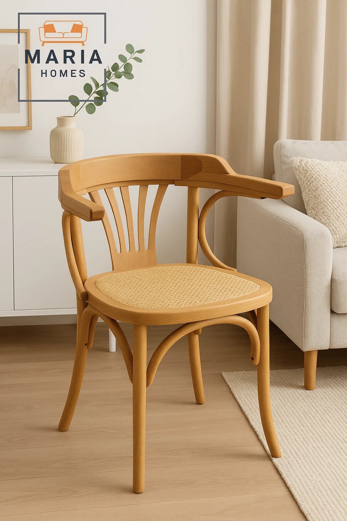 Natural Wooden Armchair with Cane Seat Ð Vintage-Style Curved Back Dining Chair for Home or CafŽ